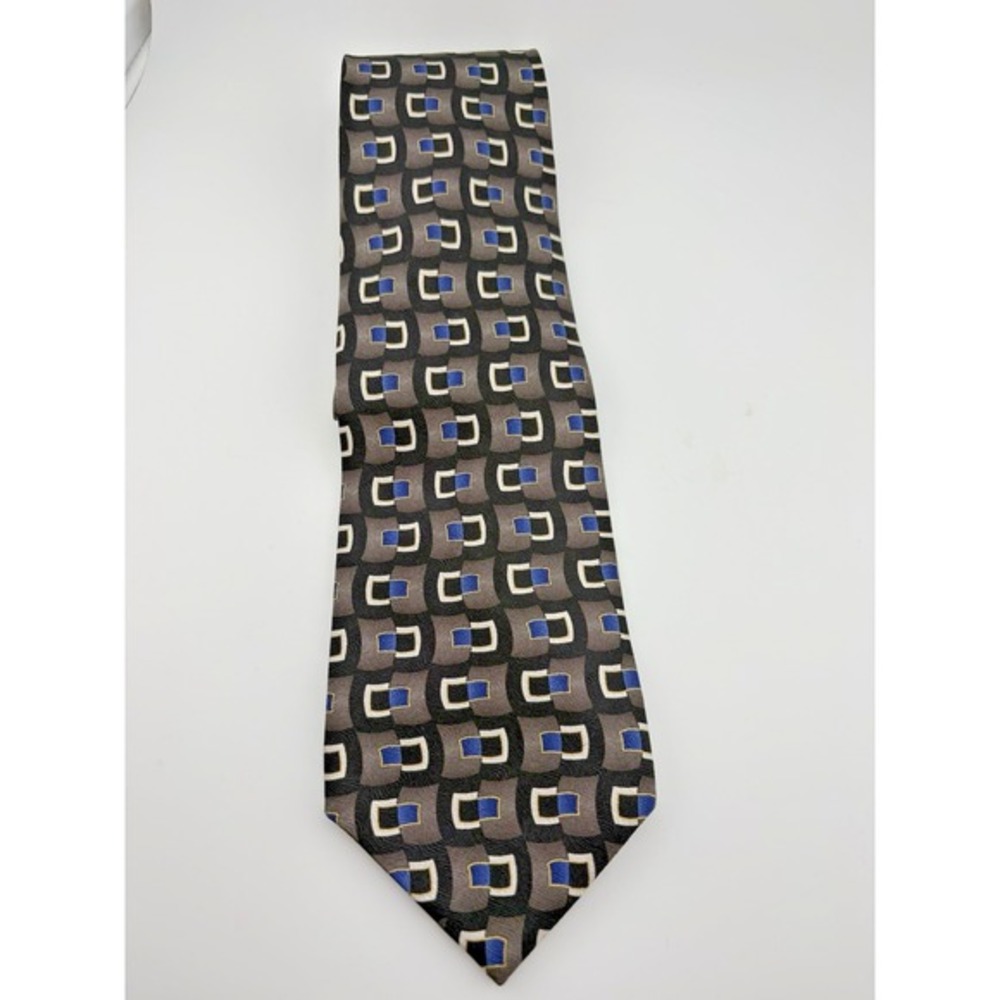 Louis Roth Mens Silk Necktie Grey‎ Blue Geometric Square Pattern Made in USA